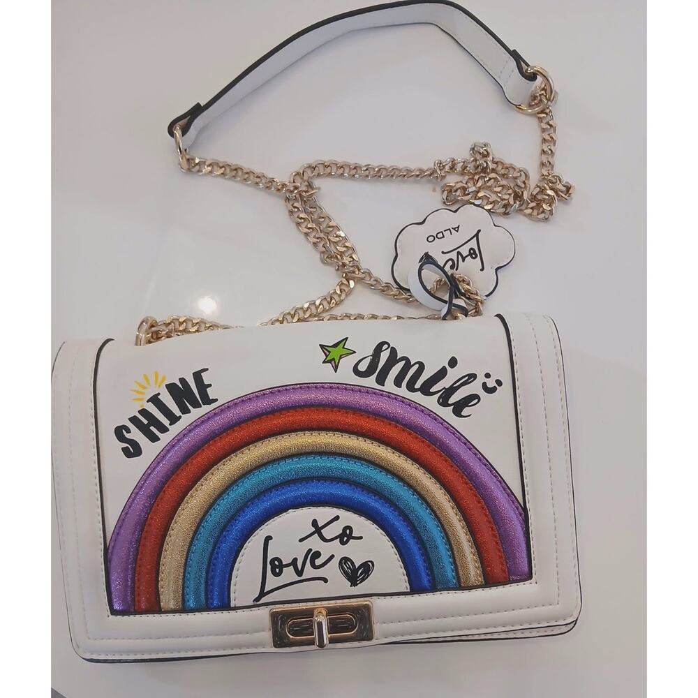 ALDO Rainbow Crossbody Bag White Gold Chain Shine Smile Love Purse